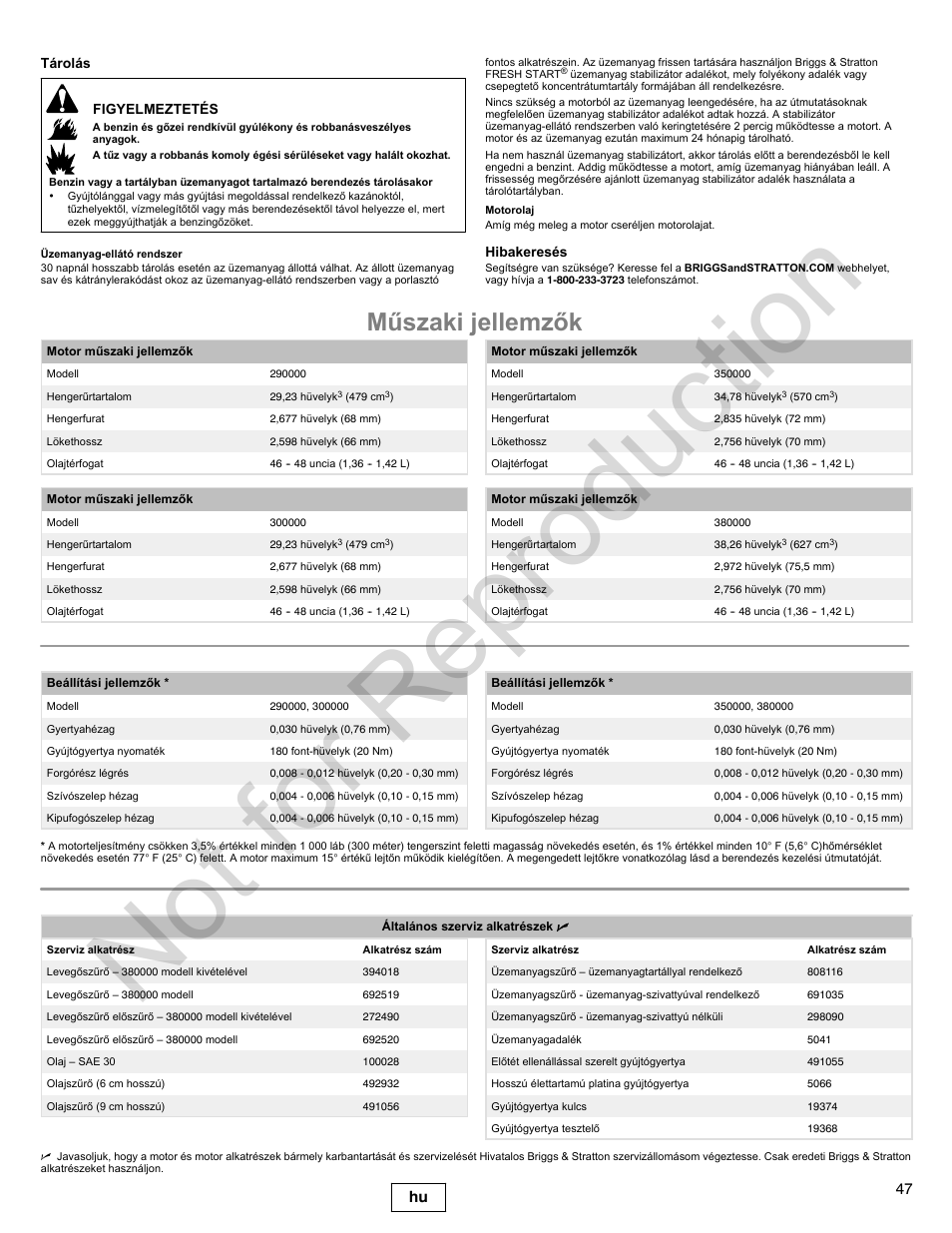 Not for reproduction, Mûszaki jellemzõk, 47 hu | Briggs & Stratton 300000 User Manual | Page 47 / 92