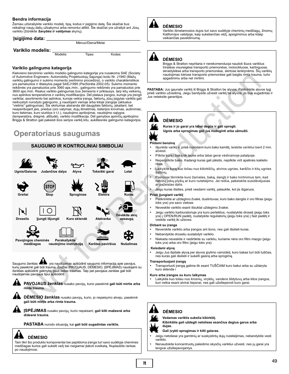 Not for reproduction, Operatoriaus saugumas, 49 lt | Įsigijimo data: variklio modelis, Saugumo ir kontroliniai simboliai | Briggs & Stratton 300000 User Manual | Page 49 / 92