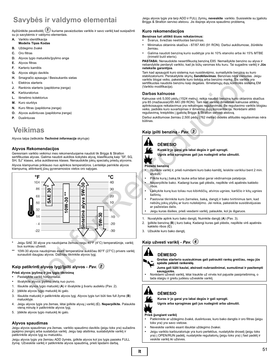Not for reproduction, Savybės ir valdymo elementai, Veikimas | F °c | Briggs & Stratton 300000 User Manual | Page 51 / 92
