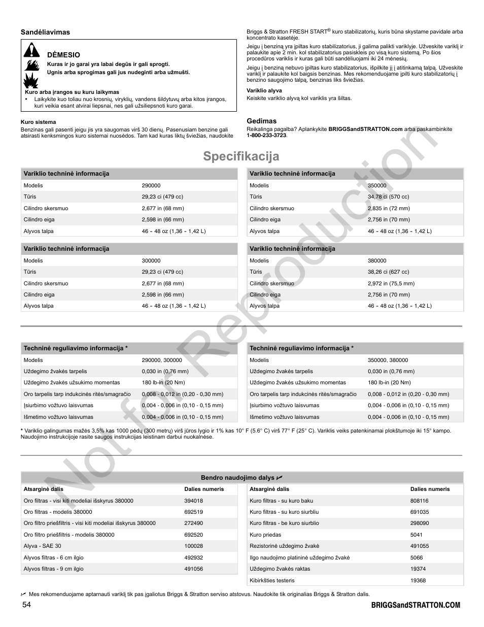 Not for reproduction, Specifikacija | Briggs & Stratton 300000 User Manual | Page 54 / 92