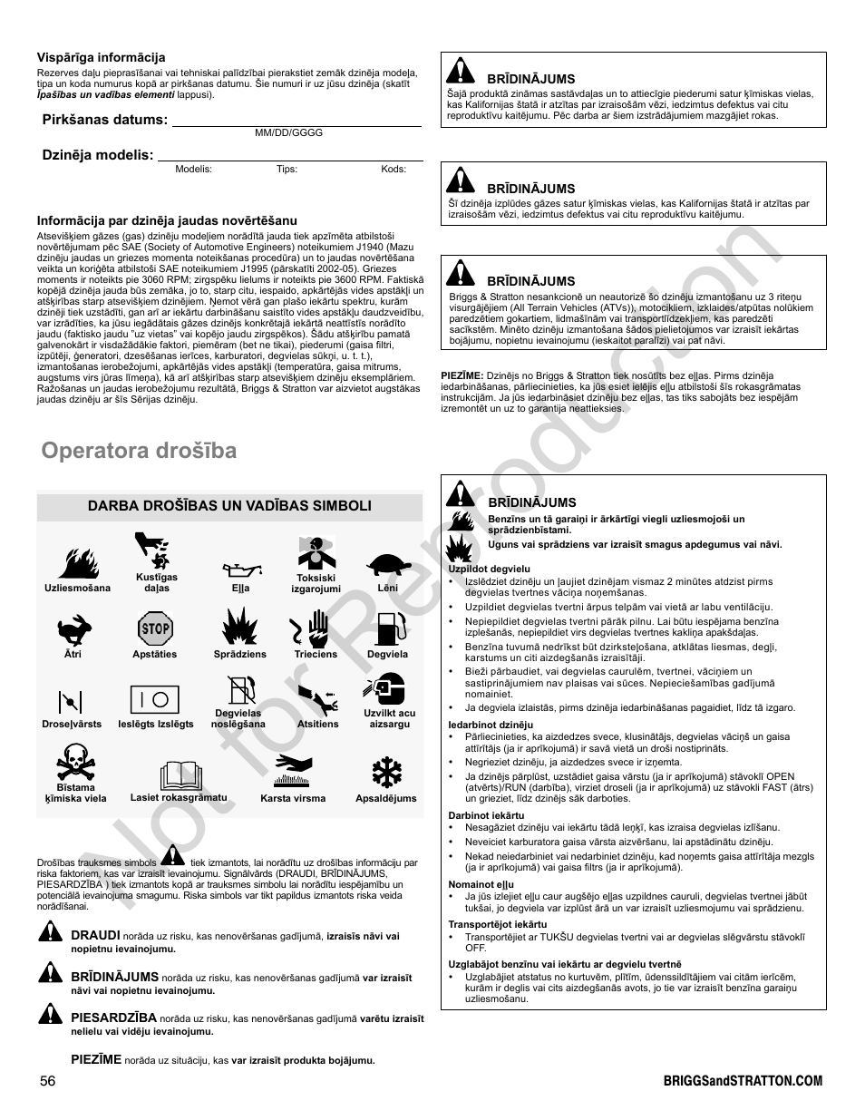 Not for reproduction, Operatora drošība, Pirkšanas datums: dzinēja modelis | Darba drošības un vadības simboli | Briggs & Stratton 300000 User Manual | Page 56 / 92