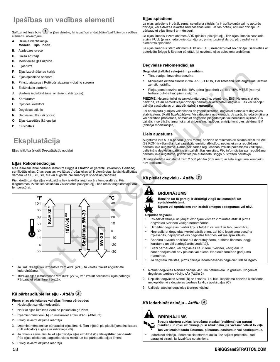 Not for reproduction, Īpašības un vadības elementi, Ekspluatācija | F °c | Briggs & Stratton 300000 User Manual | Page 58 / 92