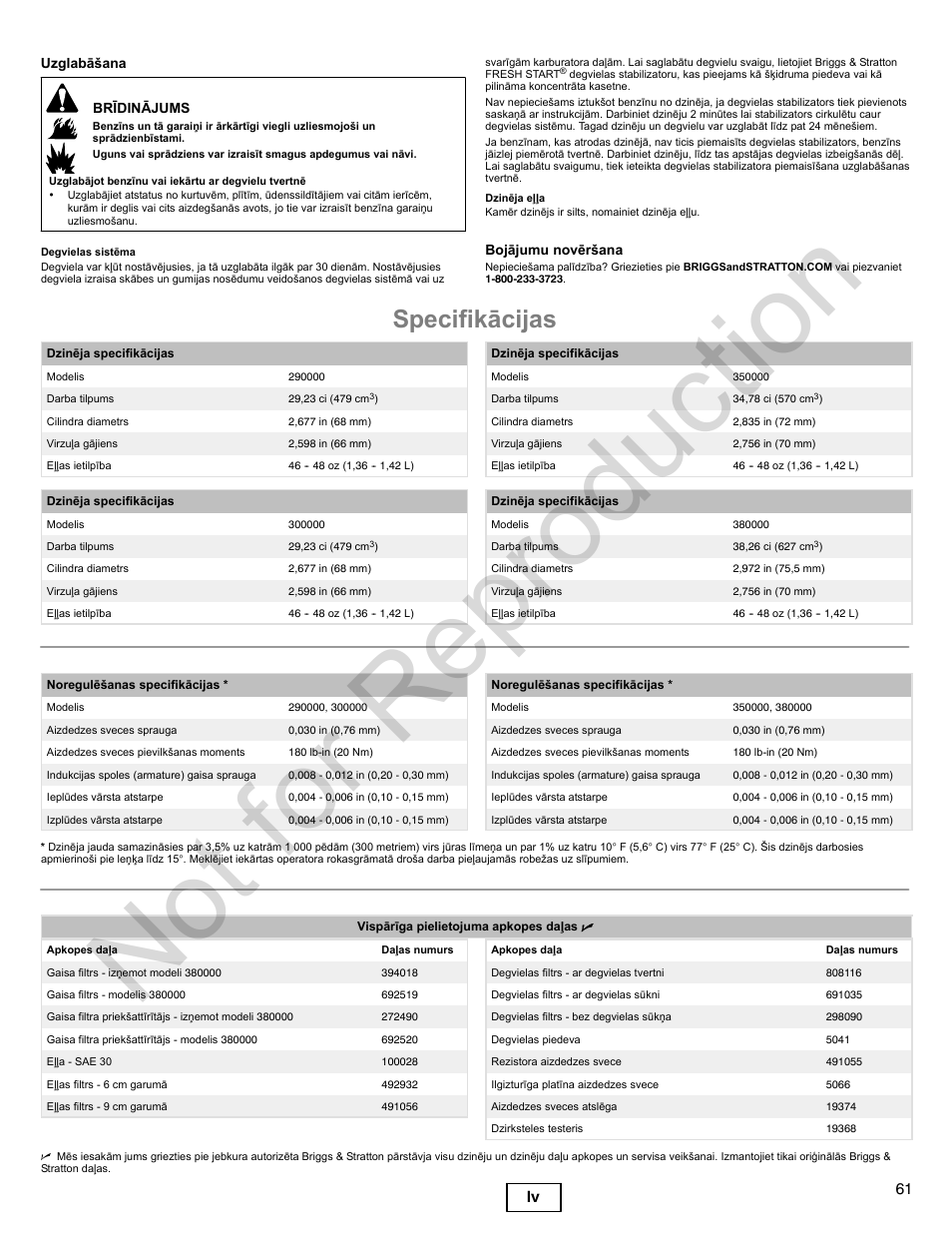 Not for reproduction, Specifikācijas, 61 lv | Briggs & Stratton 300000 User Manual | Page 61 / 92