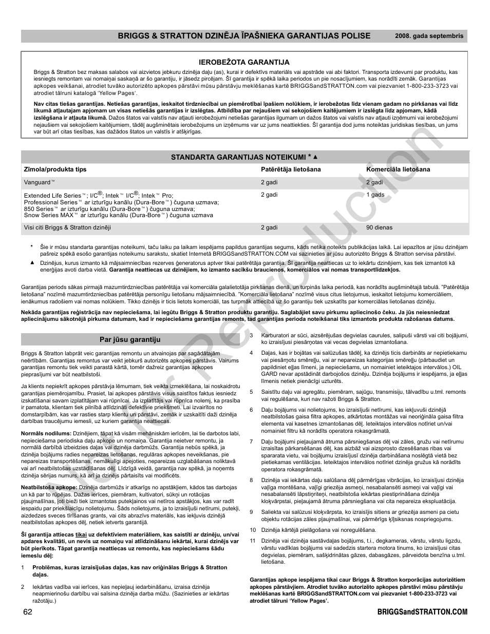 Not for reproduction | Briggs & Stratton 300000 User Manual | Page 62 / 92