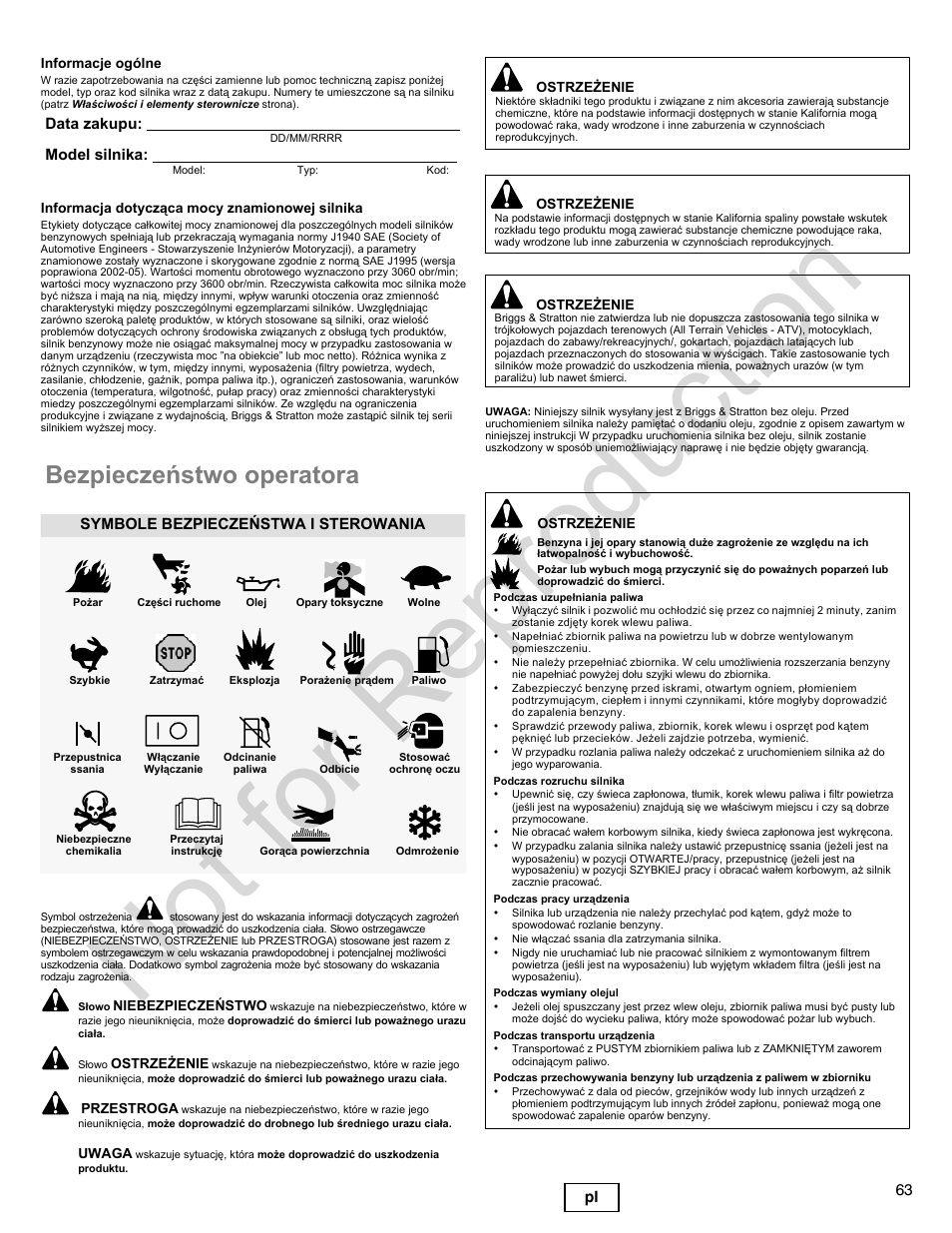 Not for reproduction, Bezpieczeñstwo operatora | Briggs & Stratton 300000 User Manual | Page 63 / 92