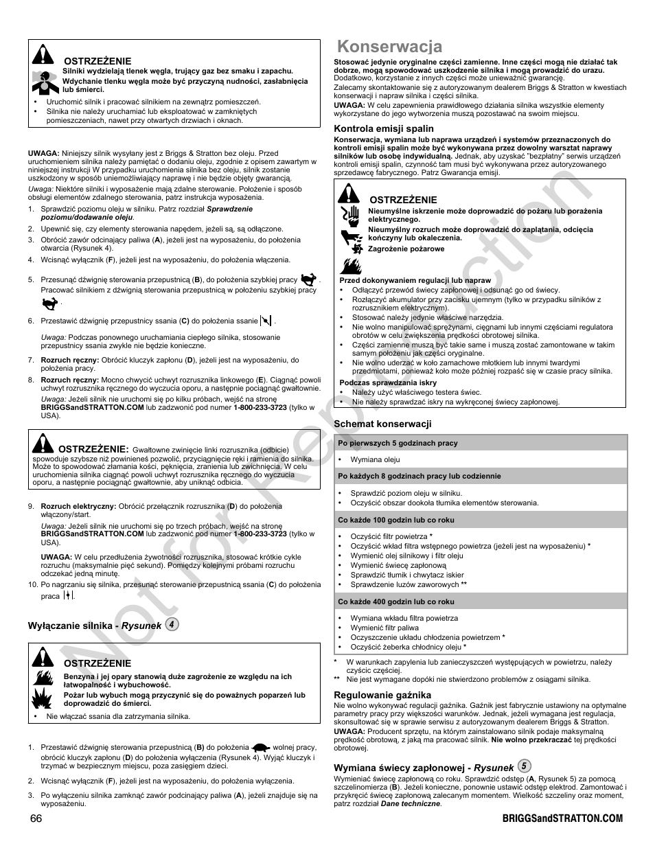 Not for reproduction, Konserwacja | Briggs & Stratton 300000 User Manual | Page 66 / 92