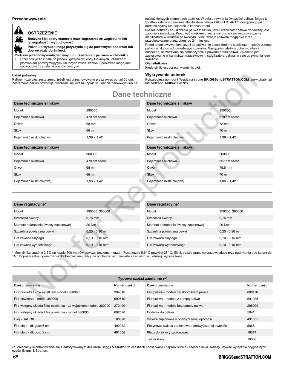 Not for reproduction, Dane techniczne | Briggs & Stratton 300000 User Manual | Page 68 / 92