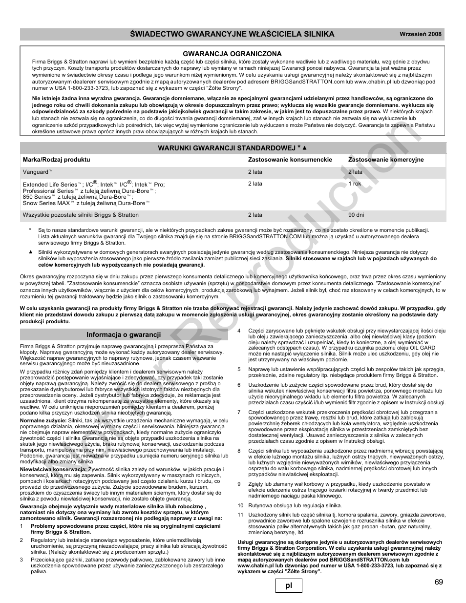 Not for reproduction | Briggs & Stratton 300000 User Manual | Page 69 / 92