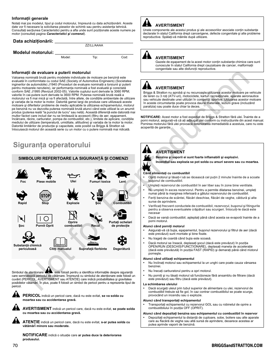 Not for reproduction, Siguranþa operatorului | Briggs & Stratton 300000 User Manual | Page 70 / 92