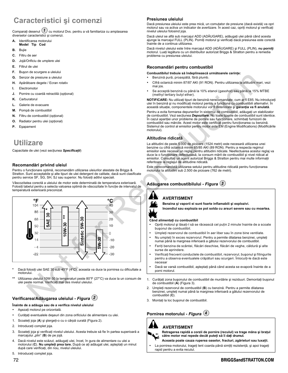 Not for reproduction, Caracteristici ºi comenzi, Utilizare | F °c | Briggs & Stratton 300000 User Manual | Page 72 / 92