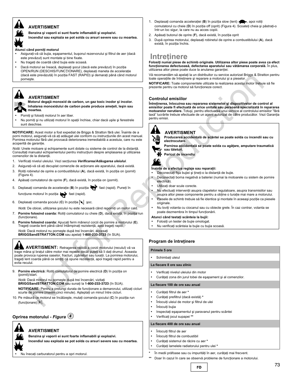 Not for reproduction, Întreþinere, 73 ro | Briggs & Stratton 300000 User Manual | Page 73 / 92