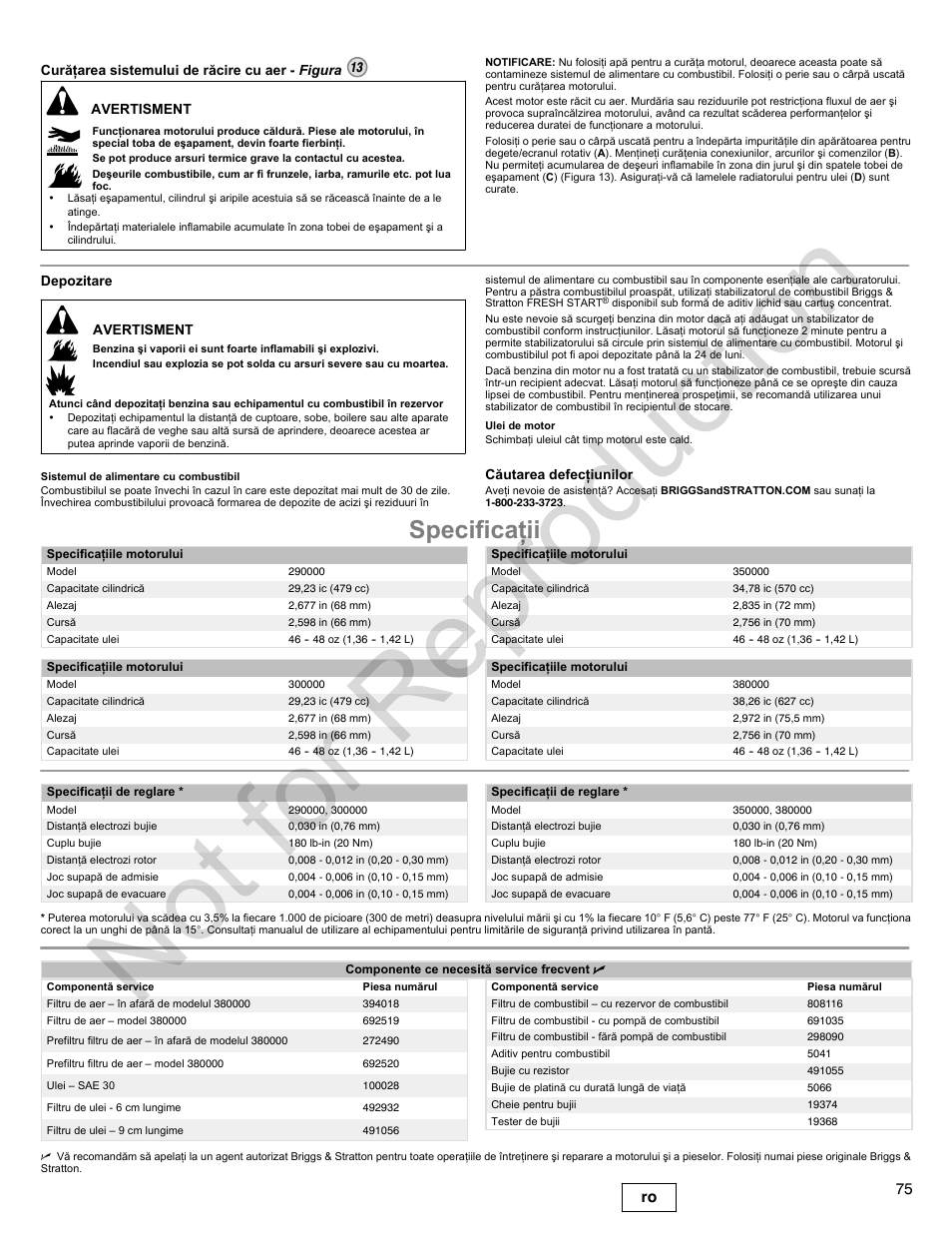 Not for reproduction, Specificaþii, 75 ro | Briggs & Stratton 300000 User Manual | Page 75 / 92