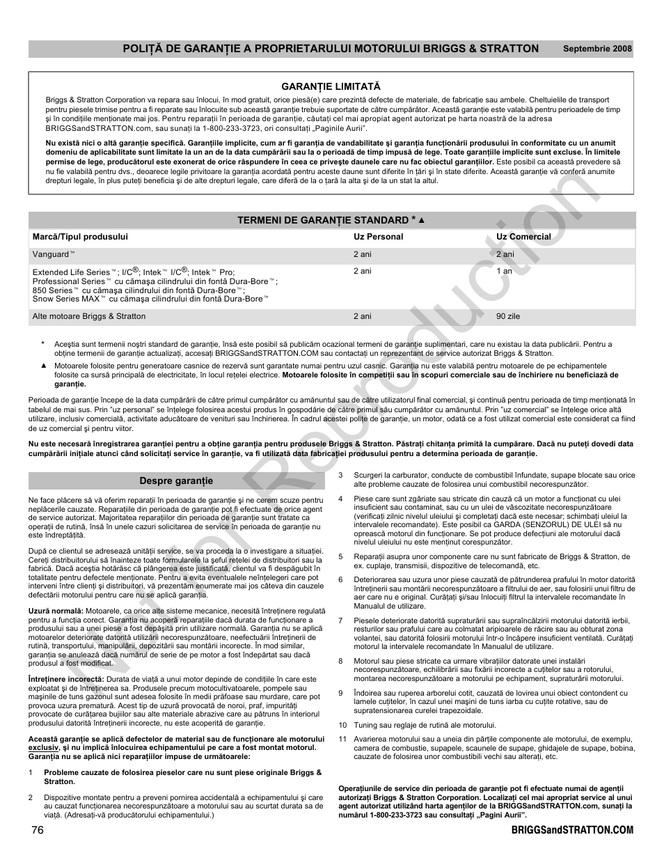 Not for reproduction | Briggs & Stratton 300000 User Manual | Page 76 / 92
