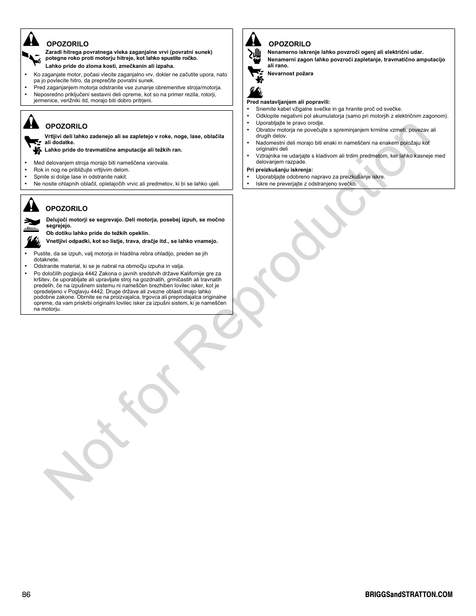 Not for reproduction | Briggs & Stratton 300000 User Manual | Page 86 / 92