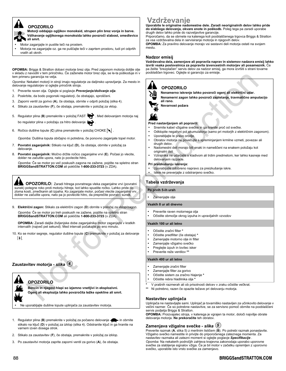 Not for reproduction, Vzdrževanje | Briggs & Stratton 300000 User Manual | Page 88 / 92