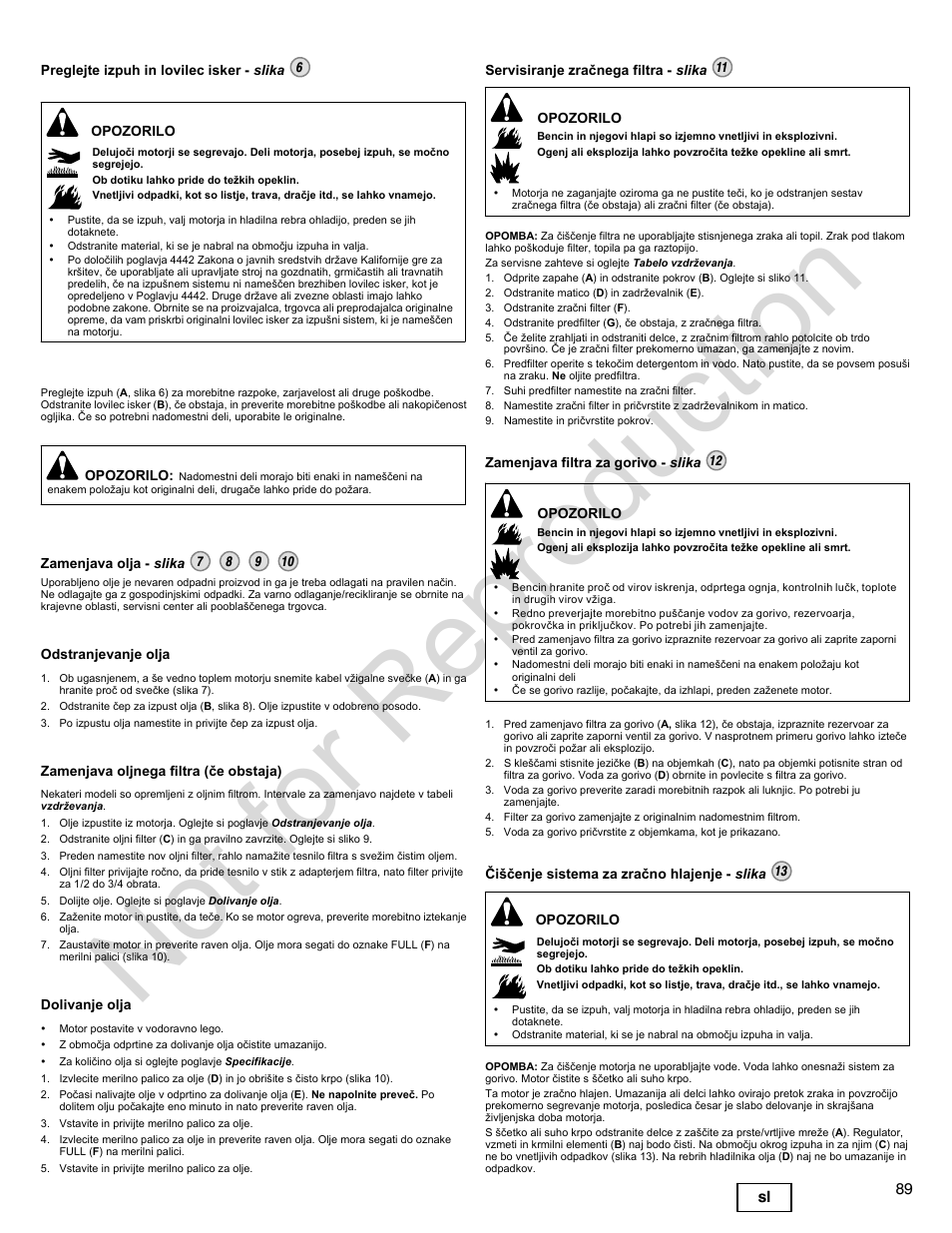 Not for reproduction, 89 sl | Briggs & Stratton 300000 User Manual | Page 89 / 92