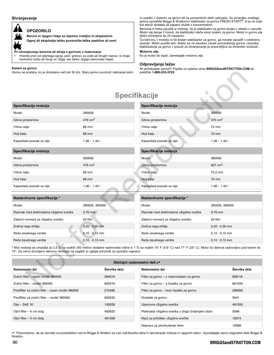 Not for reproduction, Specifikacije | Briggs & Stratton 300000 User Manual | Page 90 / 92