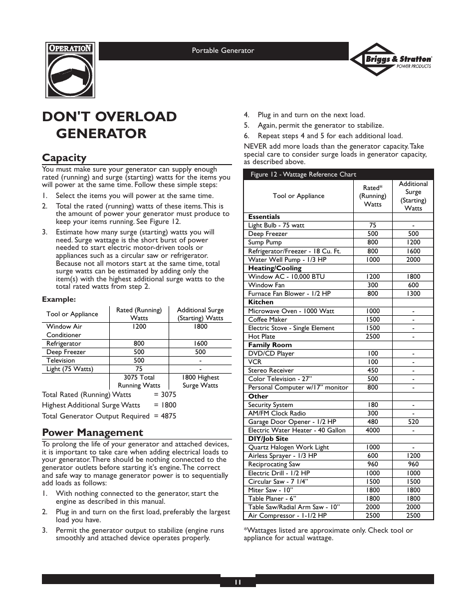 Don't overload generator, Capacity, Power management | Briggs & Stratton 01654 User Manual | Page 11 / 52