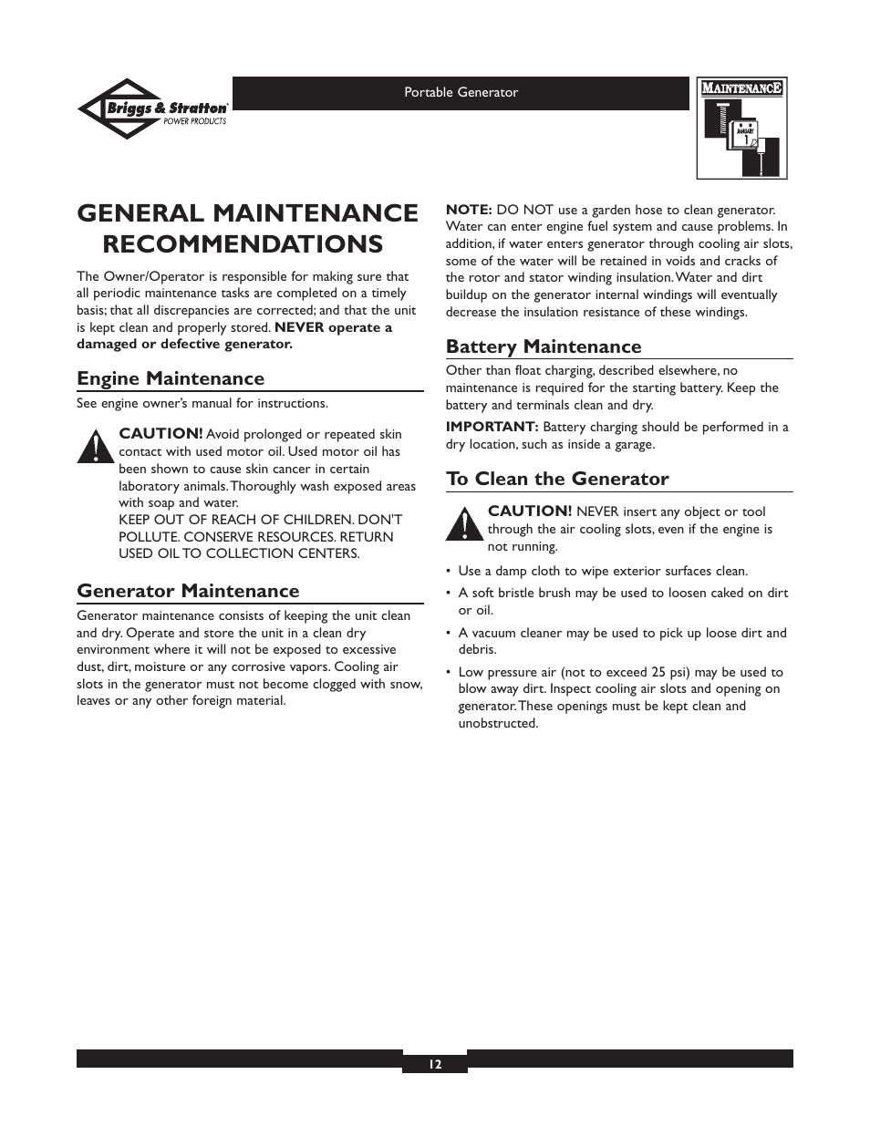 General maintenance recommendations, Engine maintenance, Generator maintenance | Battery maintenance | Briggs & Stratton 01654 User Manual | Page 12 / 52