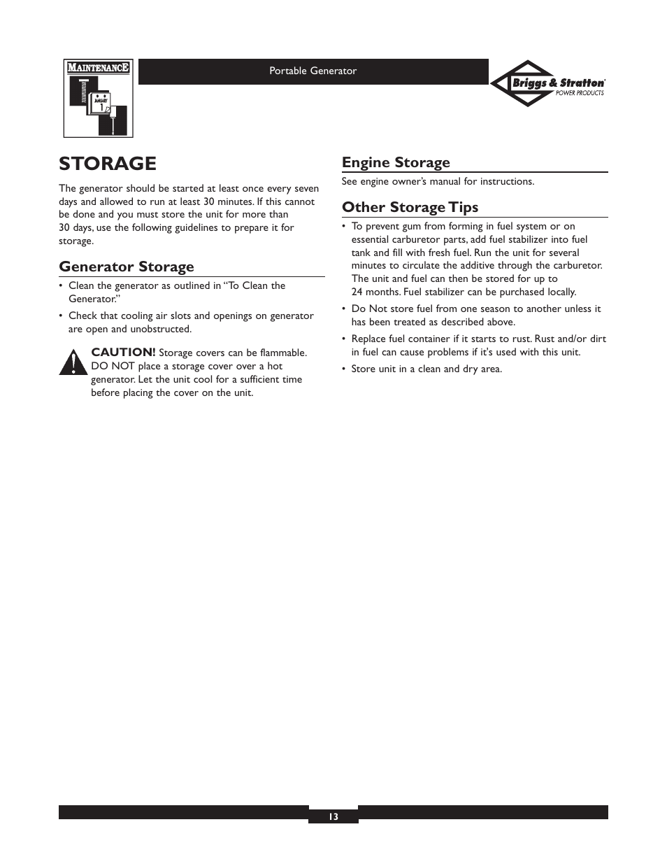 Storage, Generator storage, Engine storage | Other storage tips | Briggs & Stratton 01654 User Manual | Page 13 / 52