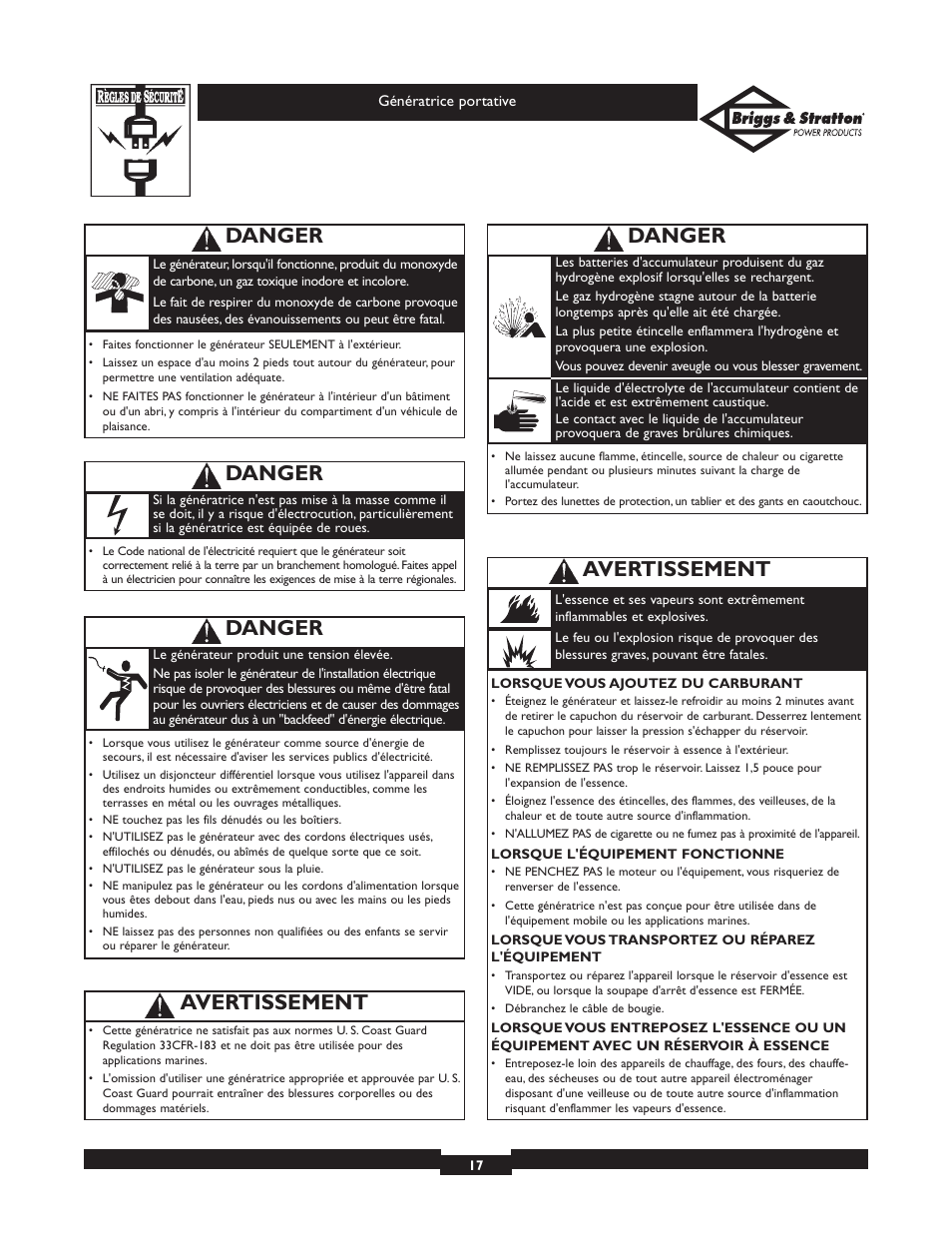 Avertissement, Danger | Briggs & Stratton 01654 User Manual | Page 17 / 52