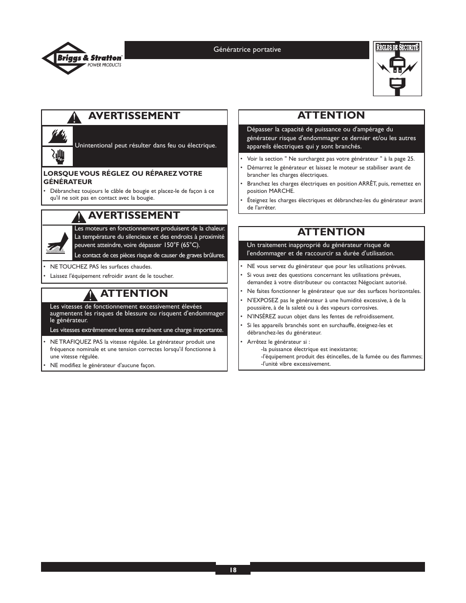 Avertissement, Attention | Briggs & Stratton 01654 User Manual | Page 18 / 52