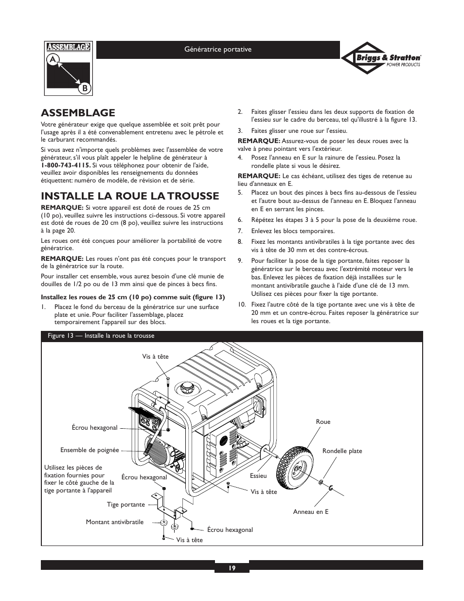 Assemblage, Installe la roue la trousse | Briggs & Stratton 01654 User Manual | Page 19 / 52