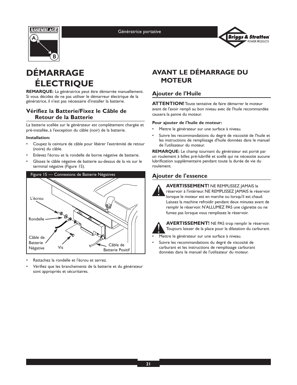 Démarrage électrique, Avant le démarrage du moteur | Briggs & Stratton 01654 User Manual | Page 21 / 52