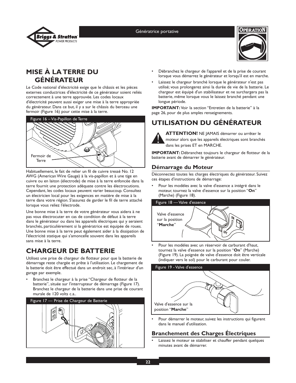 Mise à la terre du générateur, Chargeur de batterie, Utilisation du générateur | Briggs & Stratton 01654 User Manual | Page 22 / 52