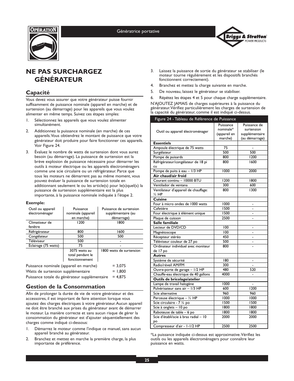 Ne pas surchargez générateur, Capacité, Gestion de la consommation | Briggs & Stratton 01654 User Manual | Page 25 / 52