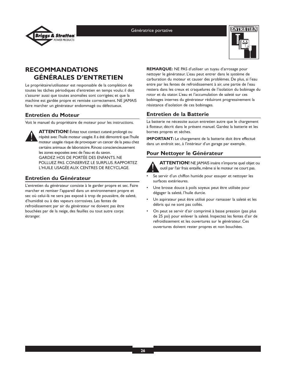 Recommandations générales d’entretien | Briggs & Stratton 01654 User Manual | Page 26 / 52