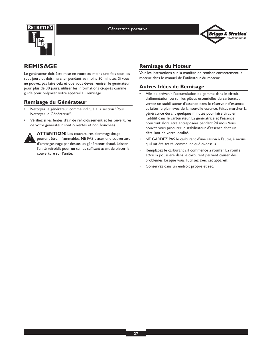Remisage | Briggs & Stratton 01654 User Manual | Page 27 / 52
