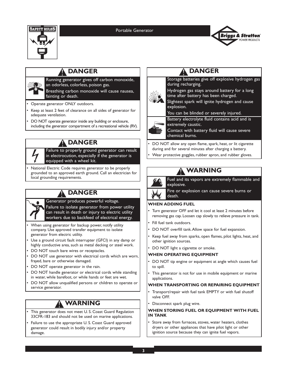 Danger, Warning | Briggs & Stratton 01654 User Manual | Page 3 / 52