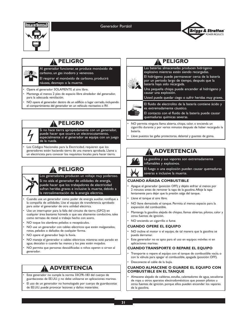 Peligro, Advertencia | Briggs & Stratton 01654 User Manual | Page 31 / 52