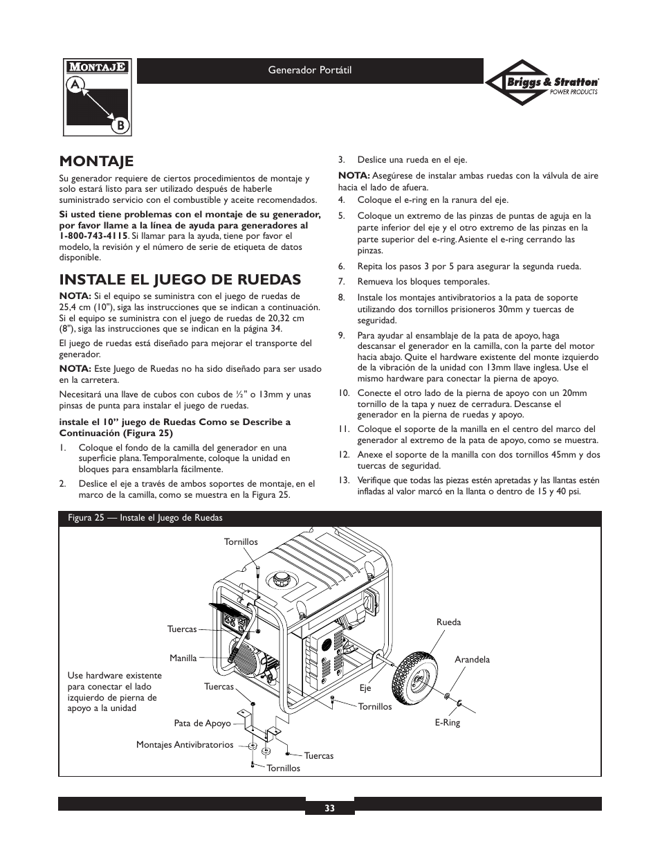 Montaje, Instale el juego de ruedas | Briggs & Stratton 01654 User Manual | Page 33 / 52