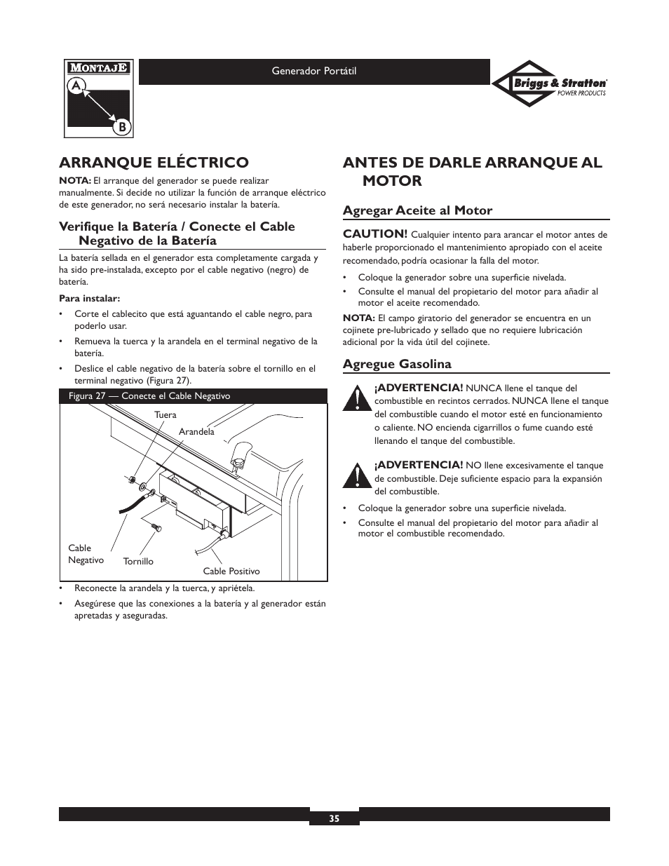 Arranque eléctrico, Antes de darle arranque al motor | Briggs & Stratton 01654 User Manual | Page 35 / 52
