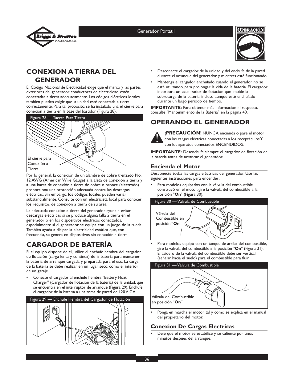 Conexion a tierra del generador, Cargador de batería, Operando el generador | Briggs & Stratton 01654 User Manual | Page 36 / 52