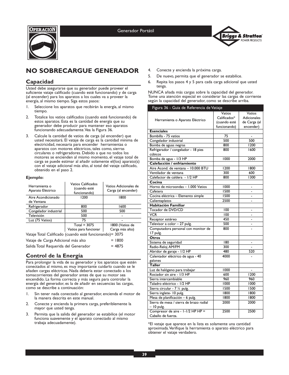 No sobrecargue generador, Capacidad, Control de la energía | Briggs & Stratton 01654 User Manual | Page 39 / 52