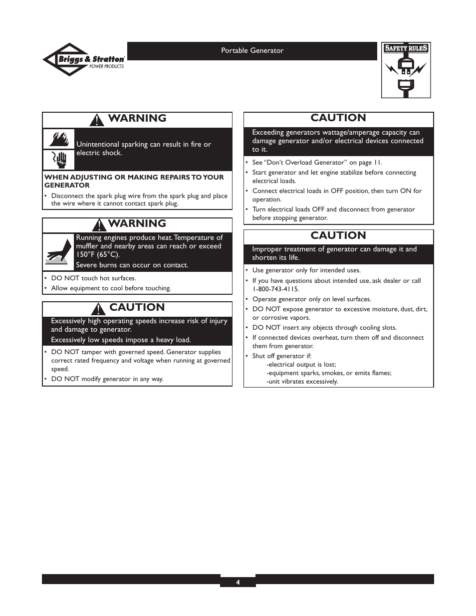Warning, Caution | Briggs & Stratton 01654 User Manual | Page 4 / 52