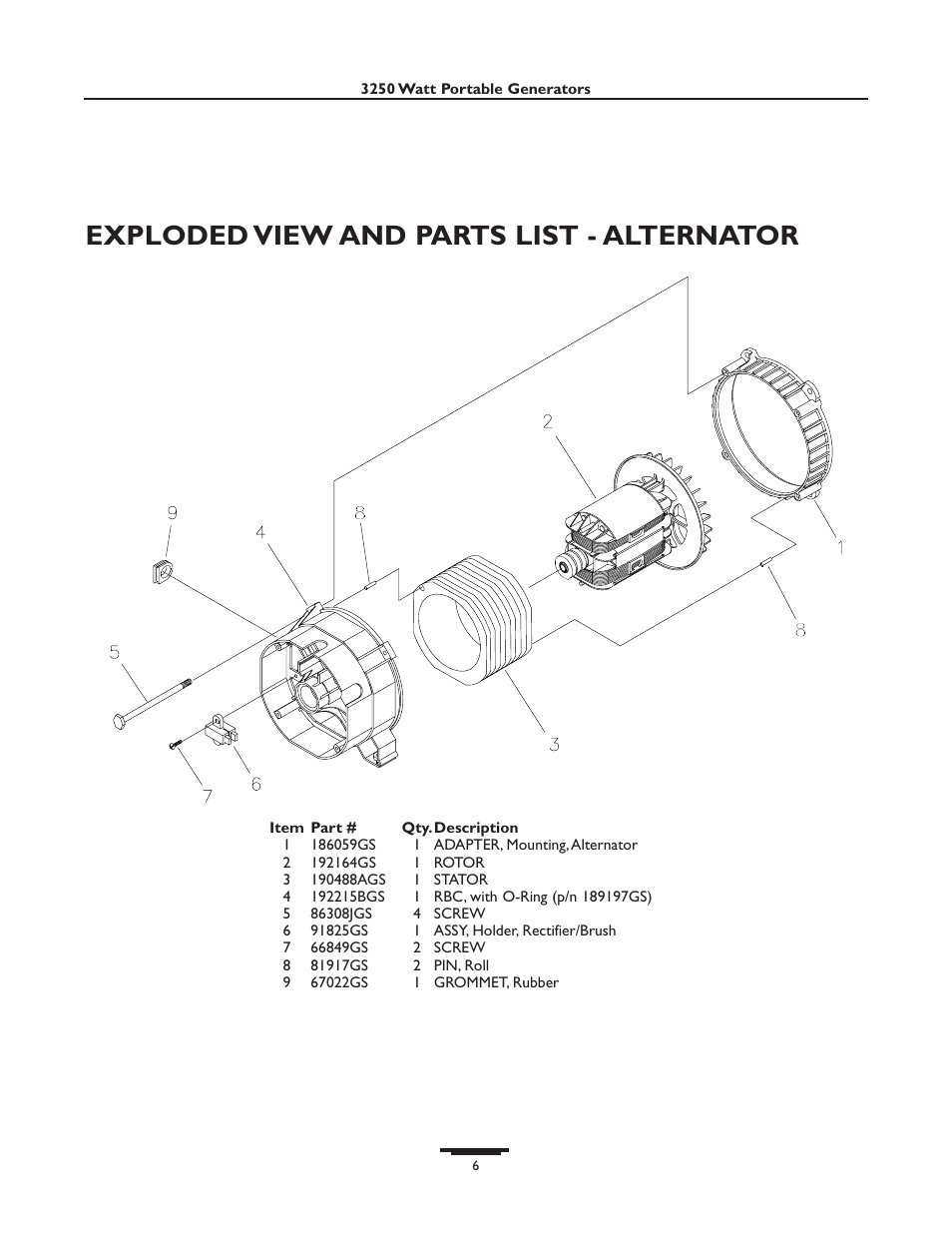 Exploded view and parts list - alternator | Briggs & Stratton 01654 User Manual | Page 50 / 52