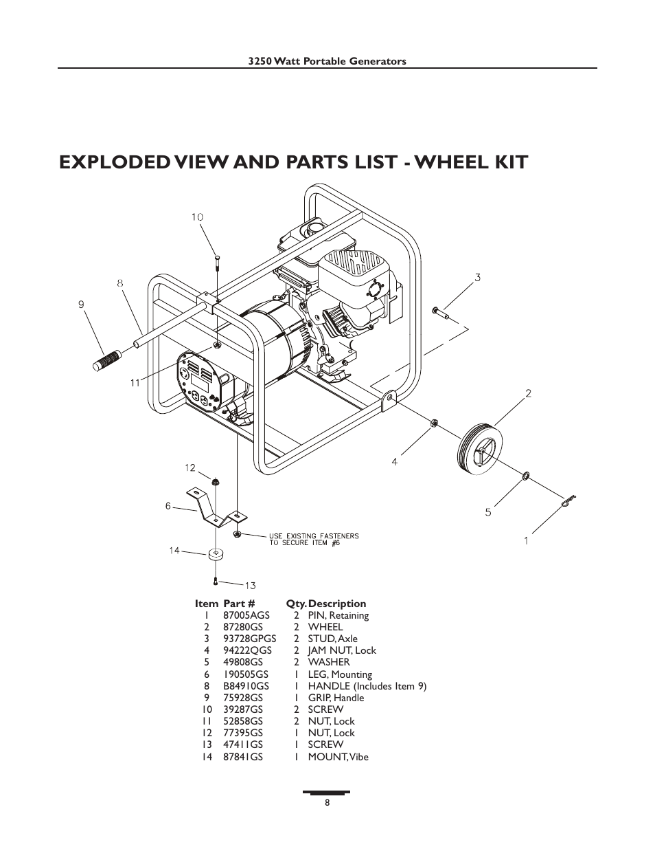Exploded view and parts list - wheel kit | Briggs & Stratton 01654 User Manual | Page 52 / 52