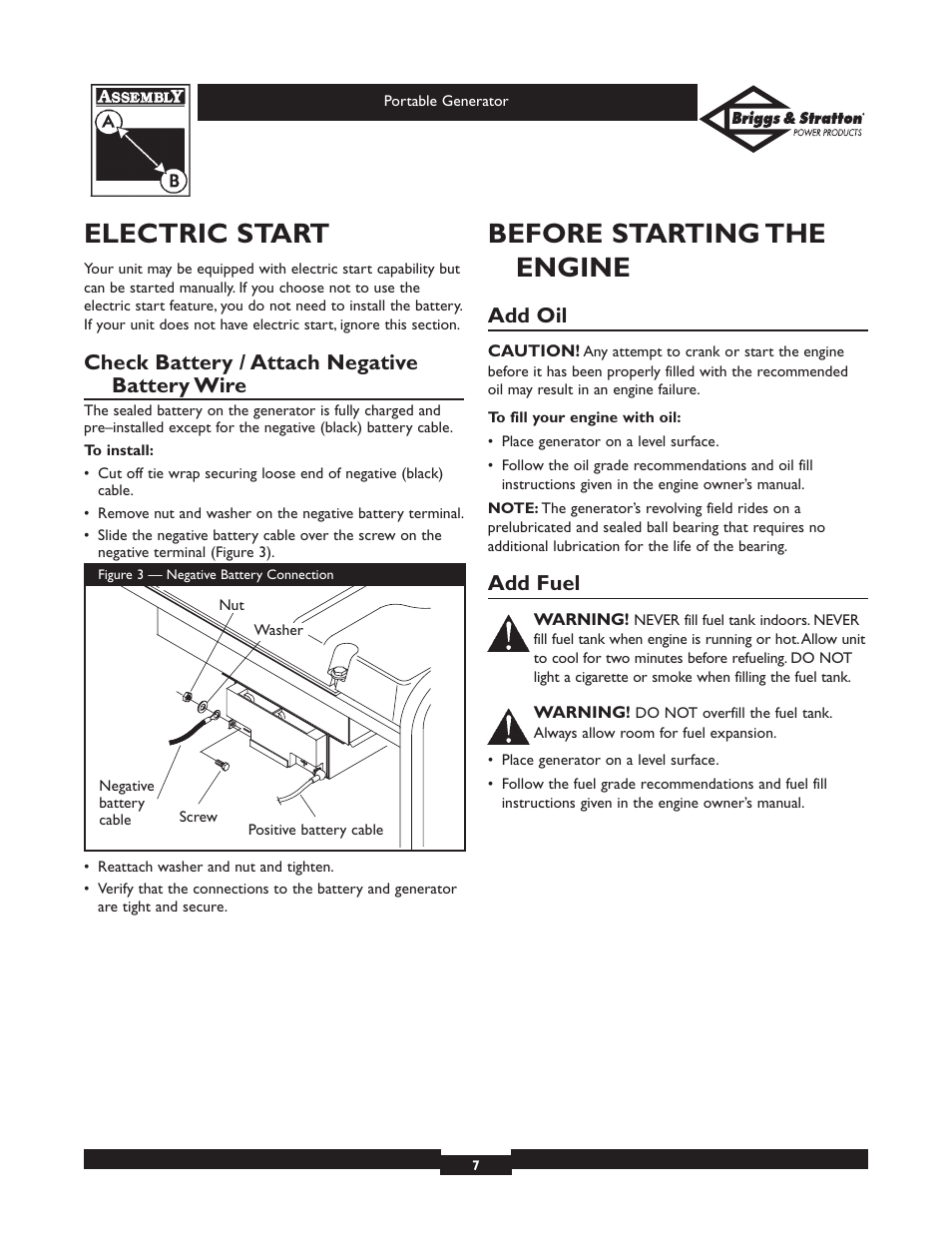 Electric start, Before starting the engine, Check battery / attach negative battery wire | Add oil, Add fuel | Briggs & Stratton 01654 User Manual | Page 7 / 52