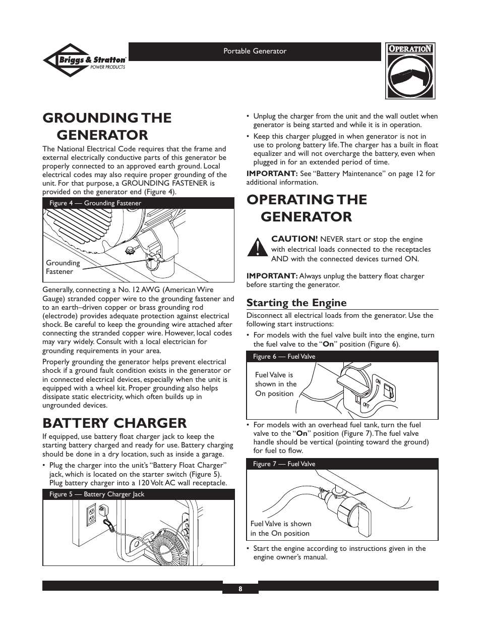 Grounding the generator, Battery charger, Operating the generator | Starting the engine | Briggs & Stratton 01654 User Manual | Page 8 / 52