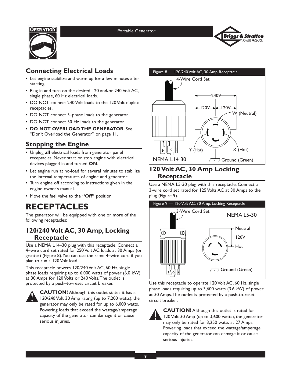 Receptacles, Connecting electrical loads, Stopping the engine | Briggs & Stratton 01654 User Manual | Page 9 / 52
