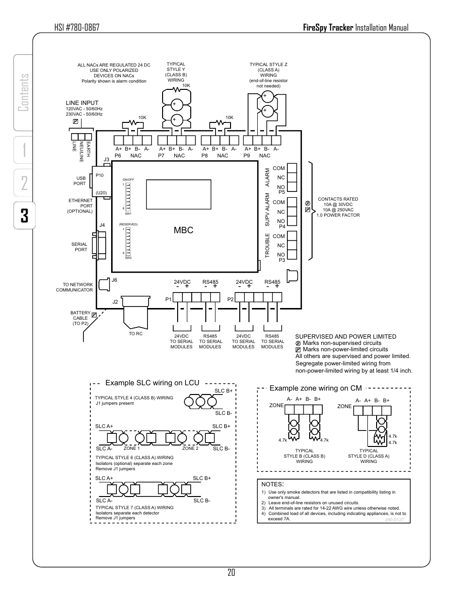 Co nt en ts, Example zone wiring on cm, Example slc wiring on lcu | Figure 3-2: wiring on mbc | Harrington Signal Tracker T8000 - Install Manual User Manual | Page 24 / 48