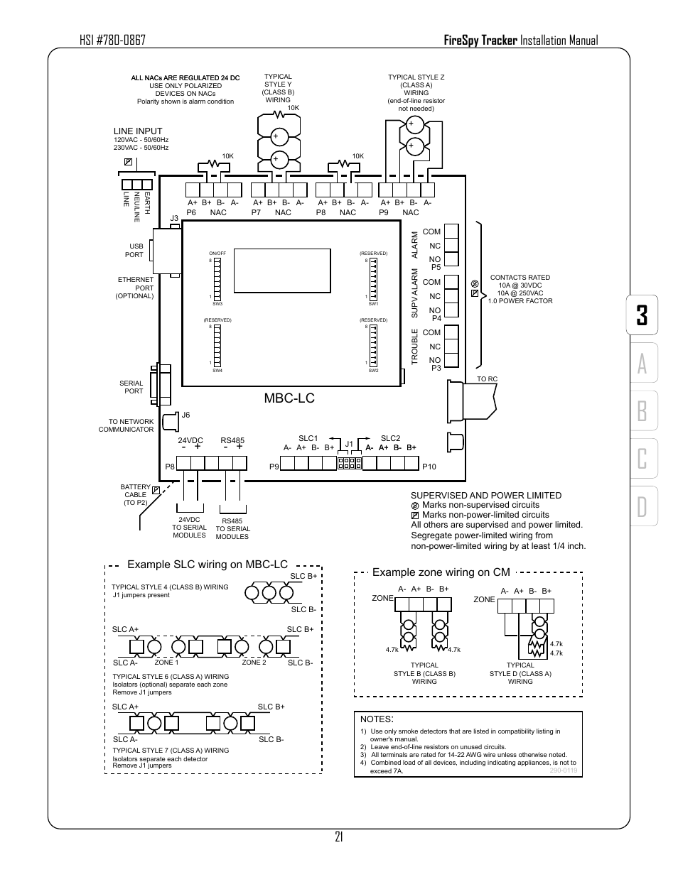 Da b c 3, Mbc-lc, Example slc wiring on mbc-lc | Example zone wiring on cm, Figure 3-3: wiring on mbc-lc | Harrington Signal Tracker T8000 - Install Manual User Manual | Page 25 / 48