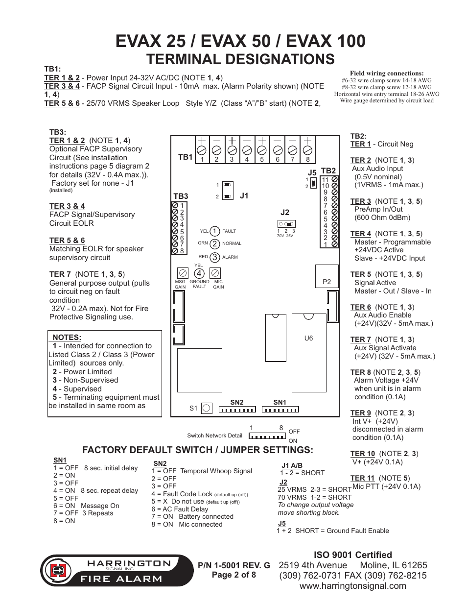 Terminal designations, Fire alarm, Harrington | Factory default switch / jumper settings | Harrington Signal HAVE 100 User Manual | Page 2 / 9