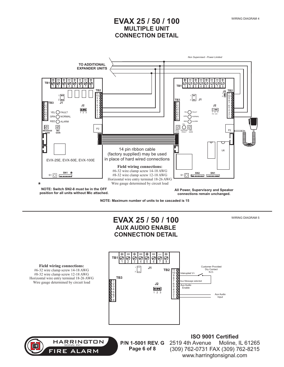 Fire alarm, Harrington, Aux audio enable connection detail | Multiple unit connection detail, Field wiring connections | Harrington Signal HAVE 100 User Manual | Page 6 / 9