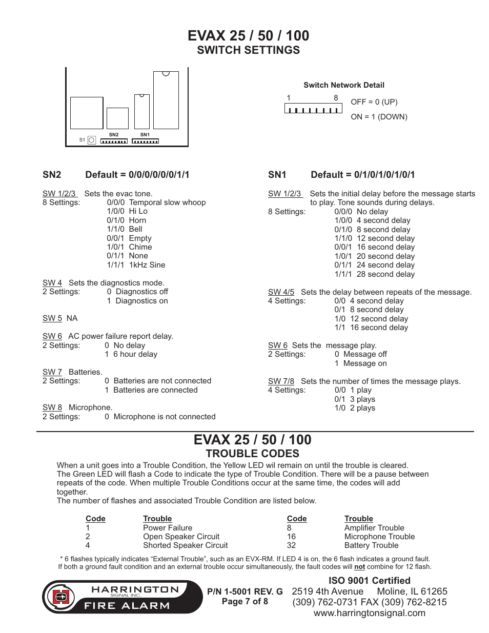Fire alarm, Harrington, Switch settings | Trouble codes | Harrington Signal HAVE 100 User Manual | Page 7 / 9