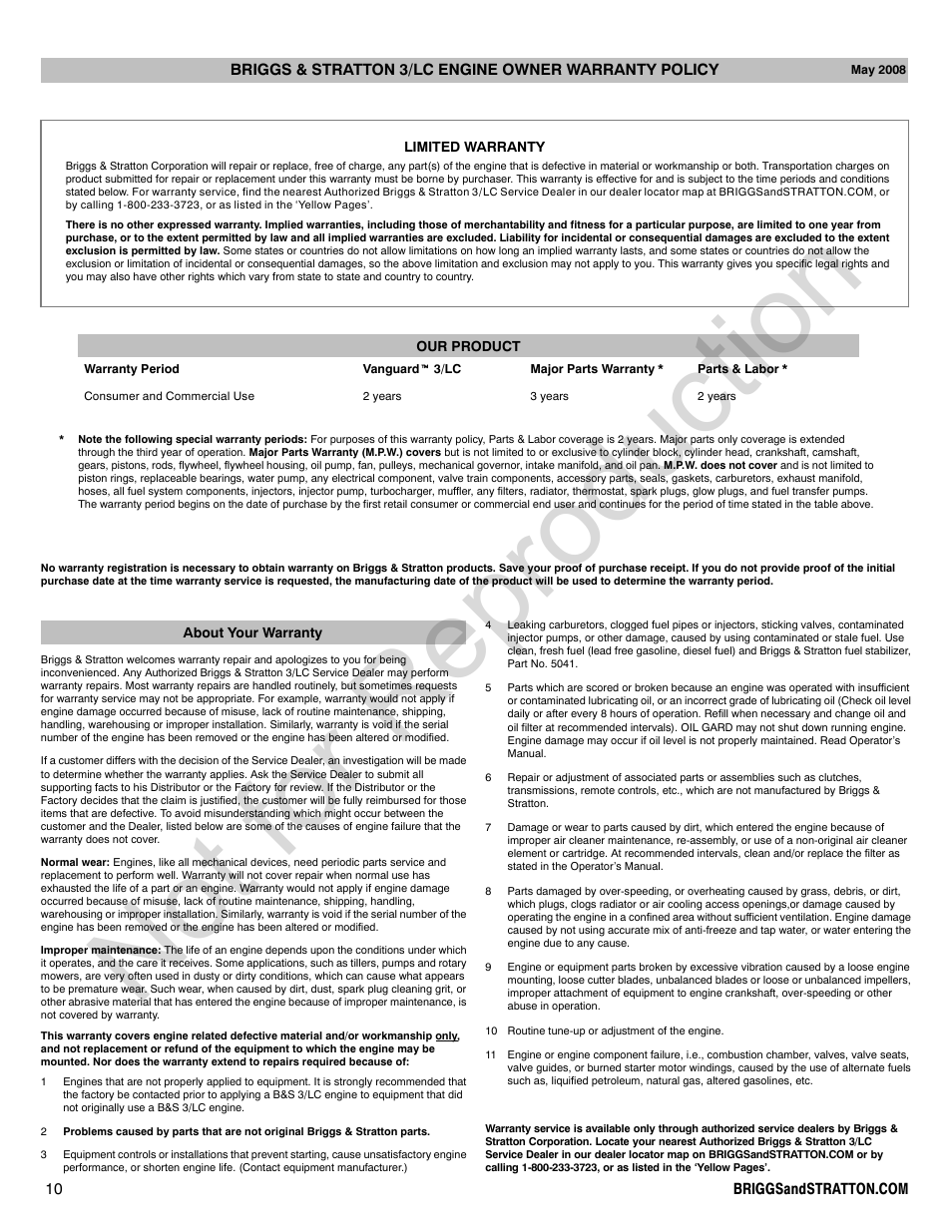 Not for reproduction | Briggs & Stratton 277110TRI User Manual | Page 10 / 28